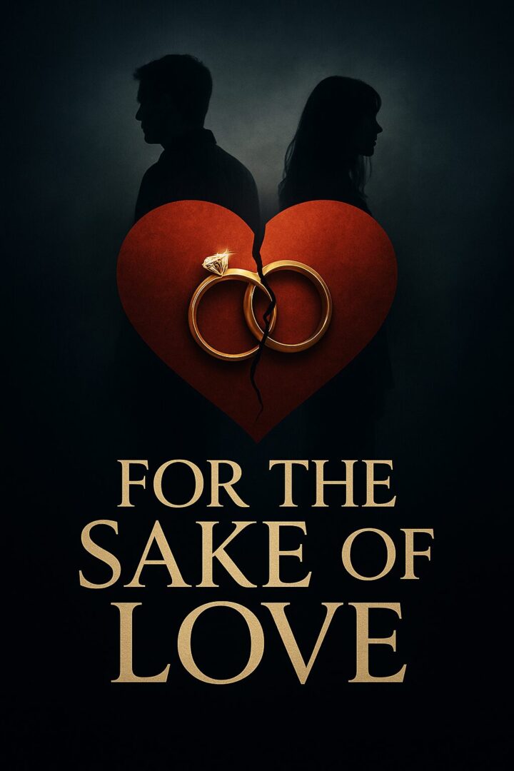 Two wedding rings on a red heart with "For the Sake of Love" text.