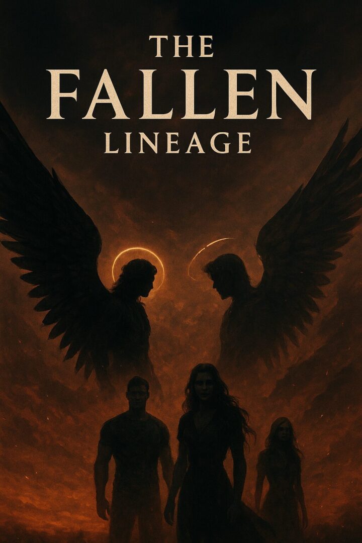 Dark fantasy cover showing silhouetted figures with glowing halos and black wings.