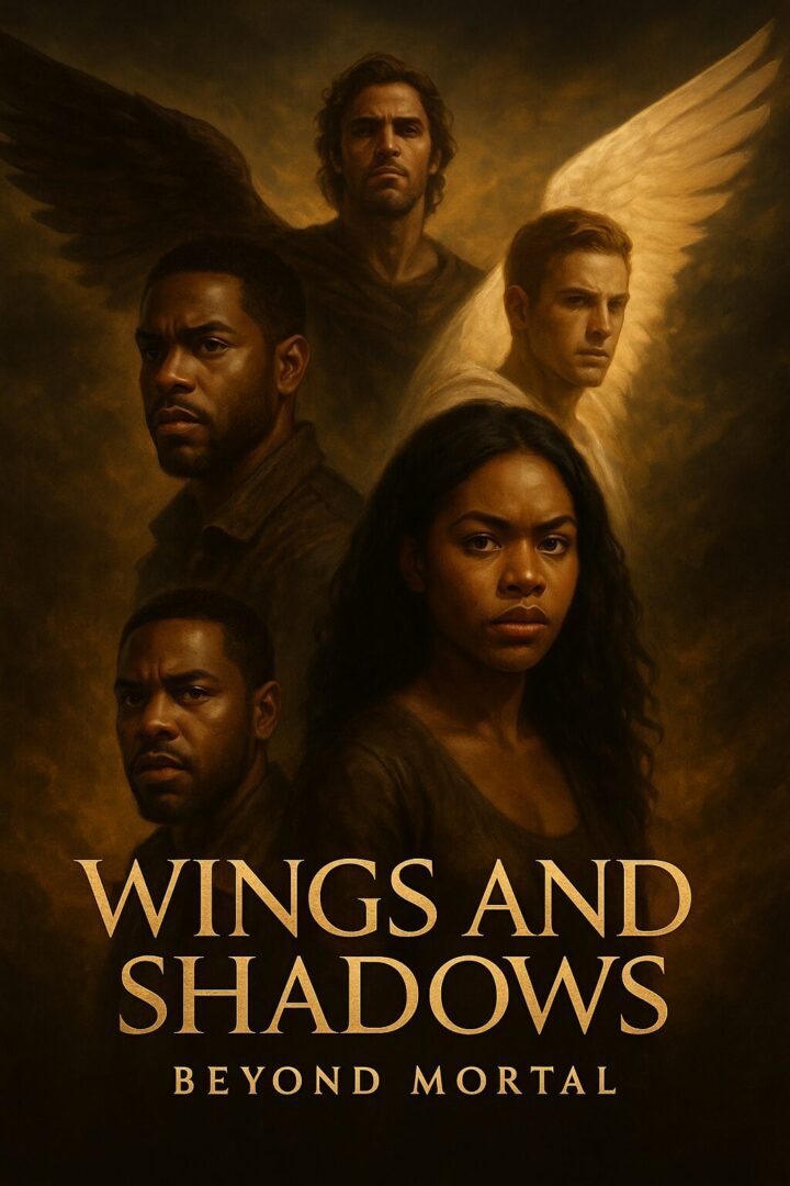 Dramatic poster of 'Wings and Shadows' featuring intense characters.